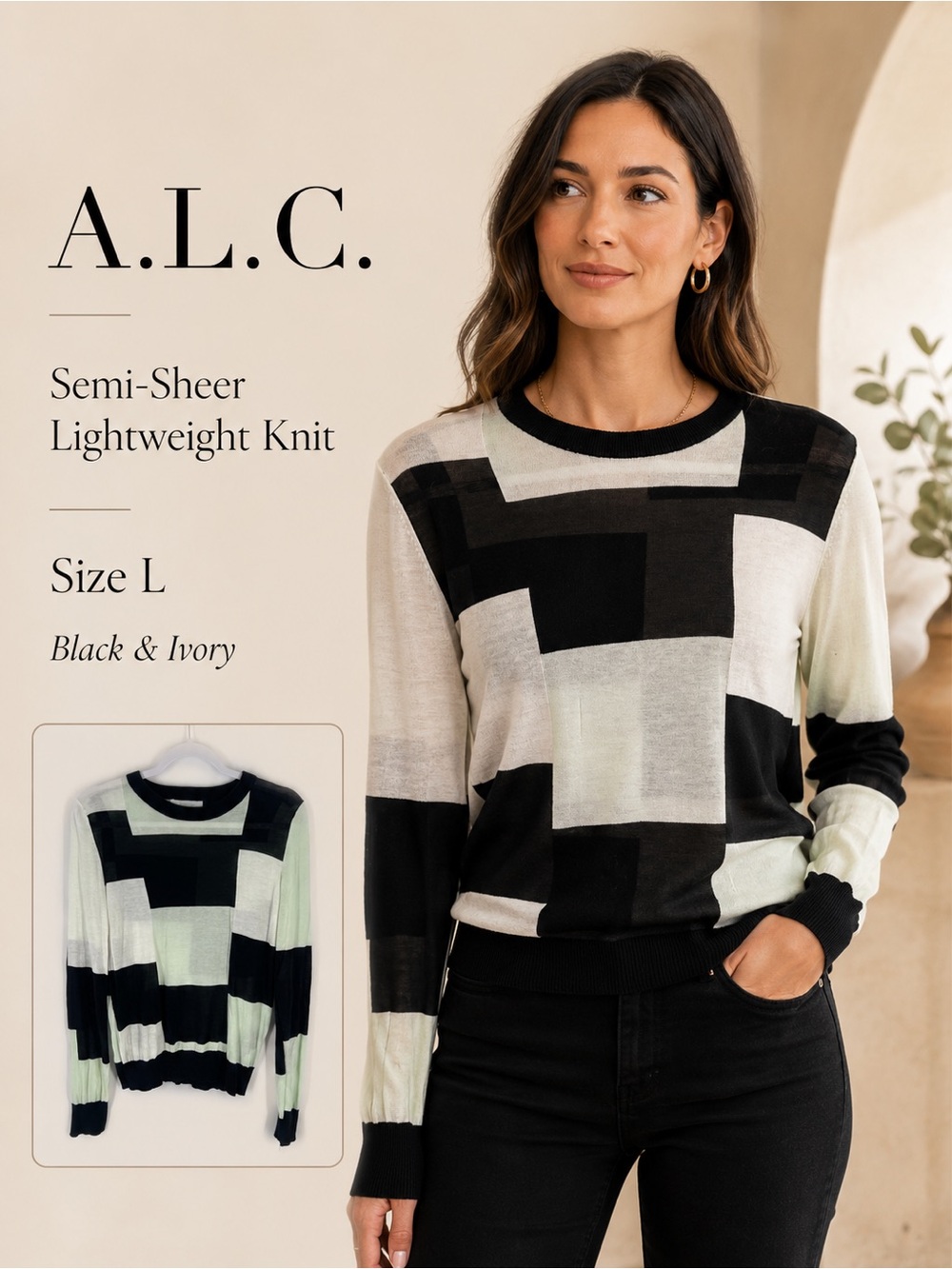 A.L.C. Colorblock Semi Sheer Lightweight Knit‎ Top Size L